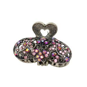 Hair Clip Claw Silver Tone Rhinestone Pink Iridescent  2in x 1.25in Accessories